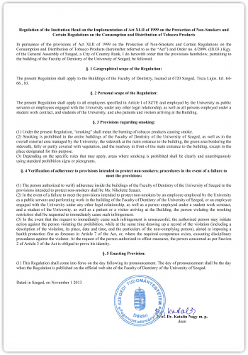 Regulation of the Faculty of Dentistry on the Protection of Non-Smokers (01 11 2013)