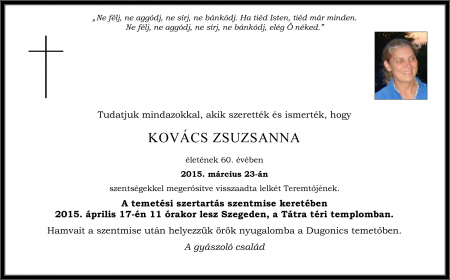 Gyászjelentés Kovács Zsuzsa
